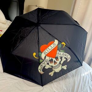 Ed Hardy Black Umbrella with Skull and Heart Design